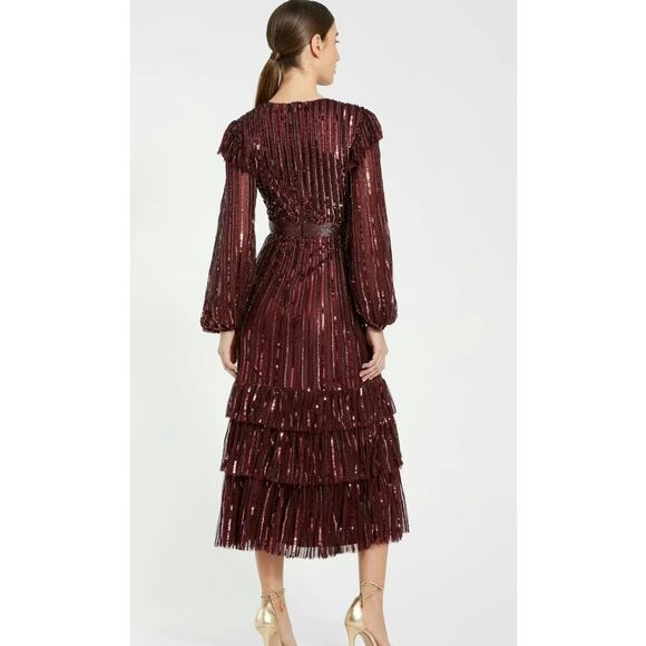 Mac Duggal 23003 Burgundy Sequin Midi Ruffle Long Sleeve Formal Gown 12 - Picture 6 of 8